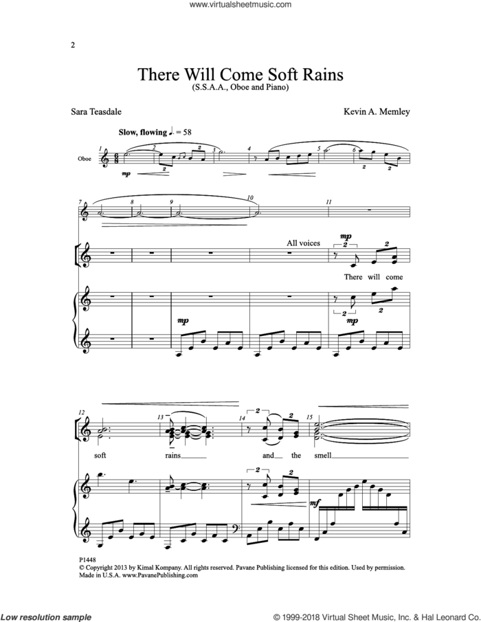 There Will Come Soft Rains (of War) sheet music for choir (SSAA: soprano, alto) by Kevin A. Memley and Sara Teasdale, intermediate skill level