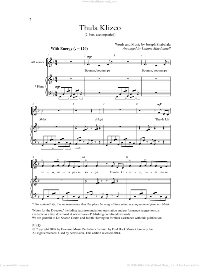 Thula Klizeo sheet music for choir (2-Part) by Joseph Shabalala and Leanne Macdonnell, intermediate duet