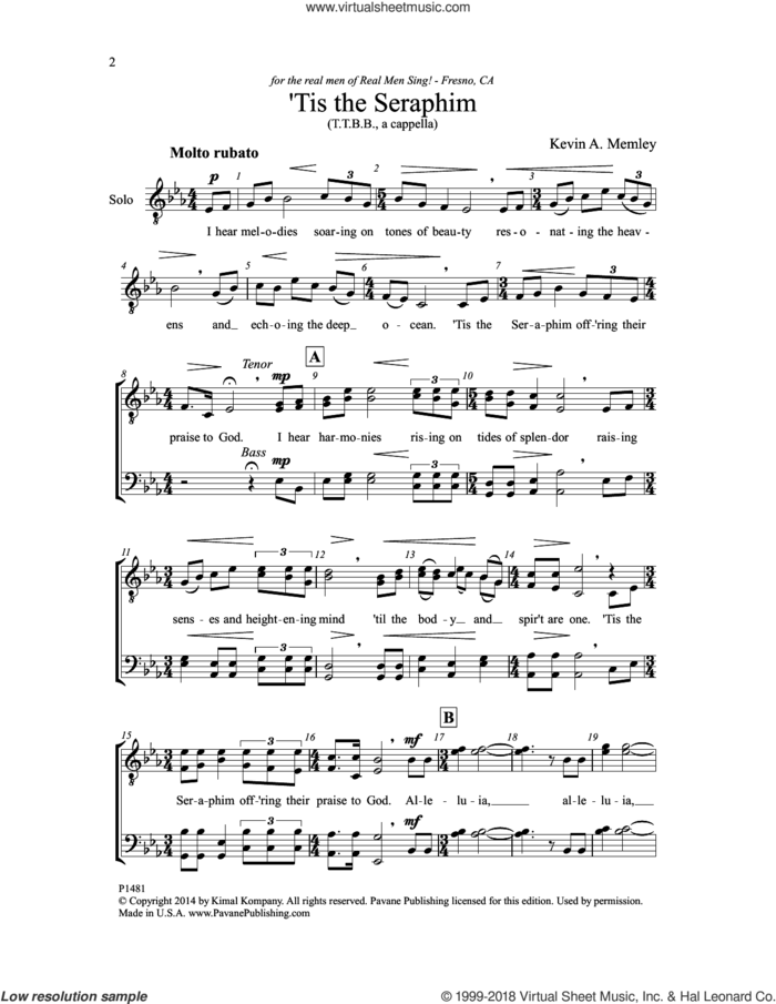 Tis the Seraphim sheet music for choir (TTBB: tenor, bass) by Kevin A. Memley, intermediate skill level