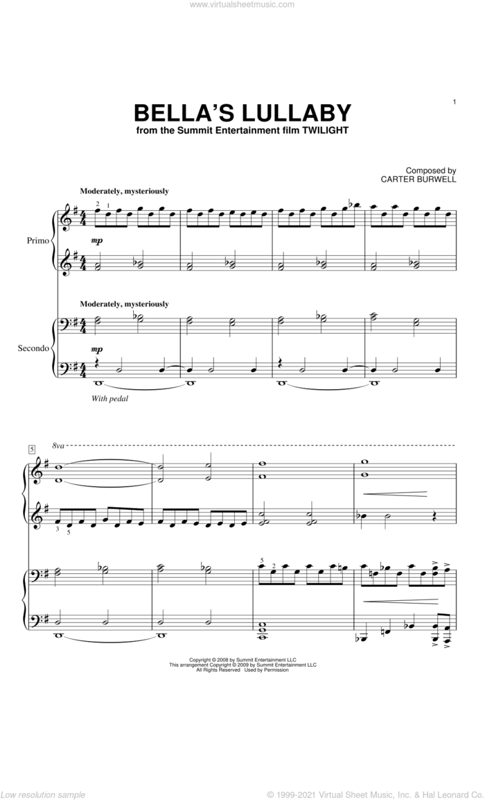 Bella's Lullaby sheet music for piano four hands by Carter Burwell, intermediate skill level