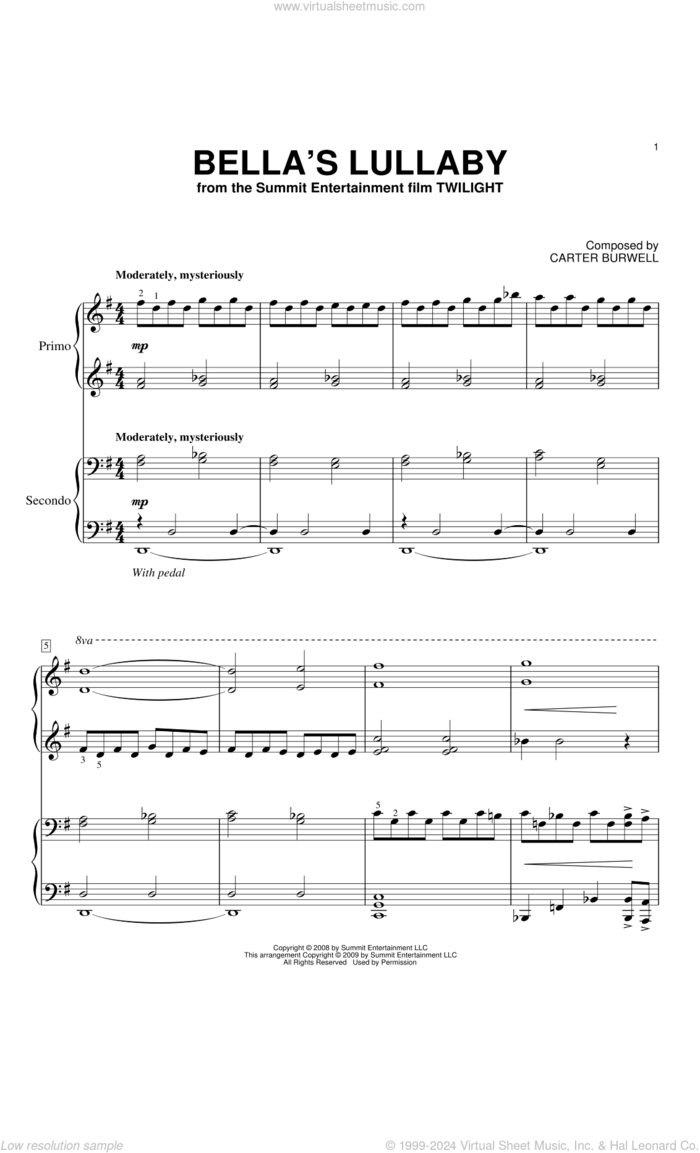 Bella's Lullaby sheet music for piano four hands by Carter Burwell, intermediate skill level