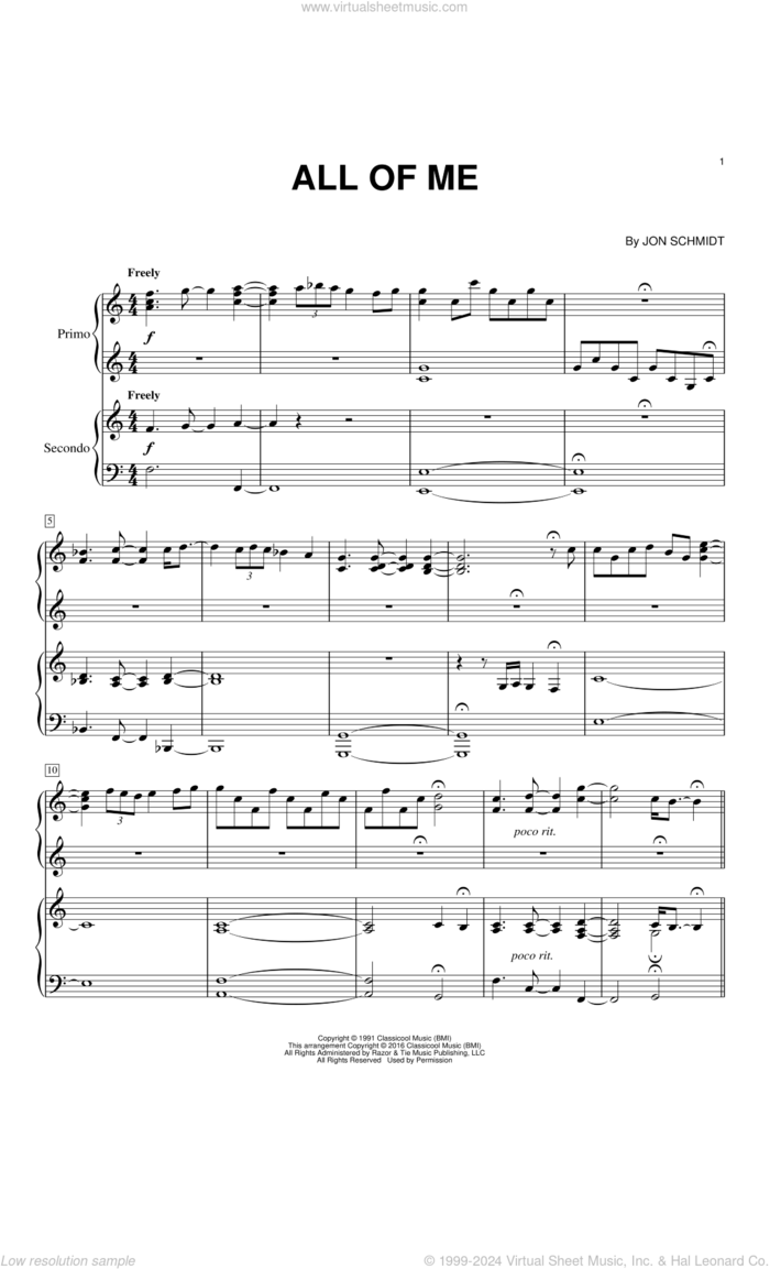 All Of Me sheet music for piano four hands by The Piano Guys and Jon Schmidt, intermediate skill level