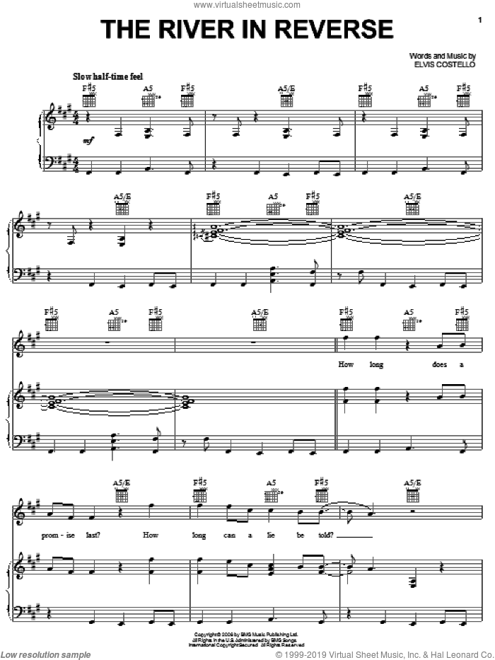 The River In Reverse sheet music for voice, piano or guitar by Elvis Costello & Allen Toussaint, Allen Toussaint and Elvis Costello, intermediate skill level