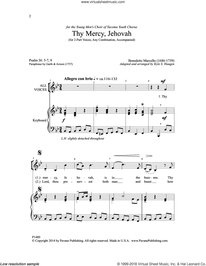 Thy Mercy, Jehovah sheet music for choir (2-Part) by Benedetto Marcello and Kyle S. Haugen, intermediate duet