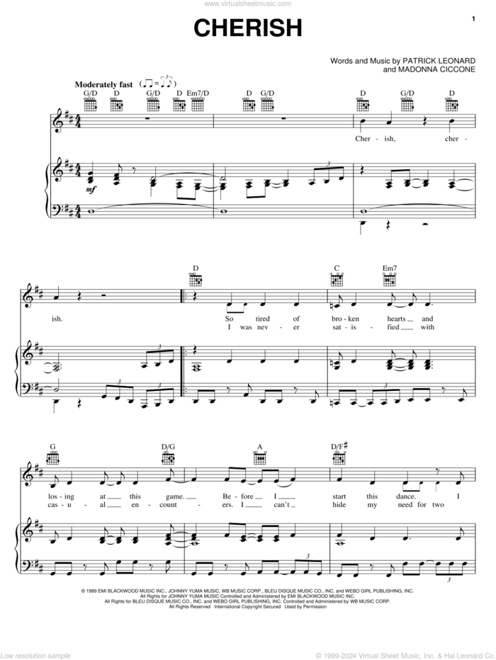 Cherish sheet music for voice, piano or guitar by Madonna and Patrick Leonard, intermediate skill level