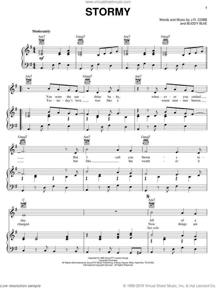 Stormy sheet music for voice, piano or guitar by Buddy Buie and J.R. Cobb, intermediate skill level