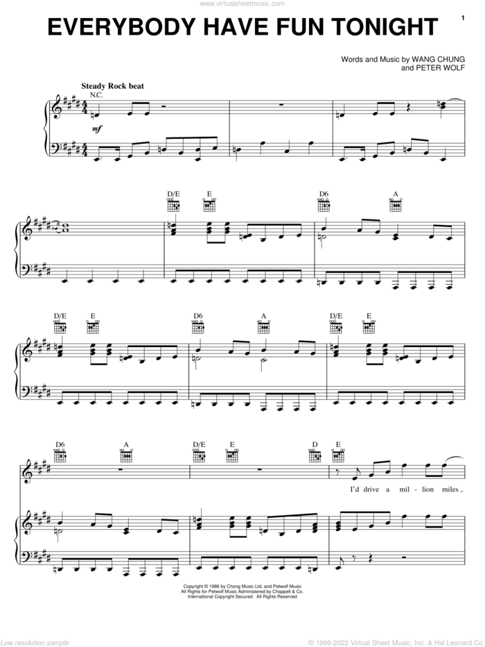 Everybody Have Fun Tonight sheet music for voice, piano or guitar by Wang Chung, Jack Hues, Nick Feldman and Peter Wolf, intermediate skill level