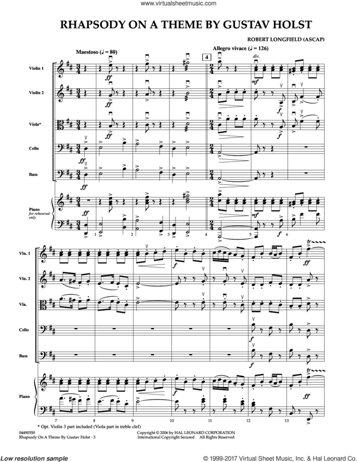 Rhapsody On A Theme by Gustav Holst (COMPLETE) sheet music for orchestra by Robert Longfield and Gustav Holst, classical score, intermediate skill level