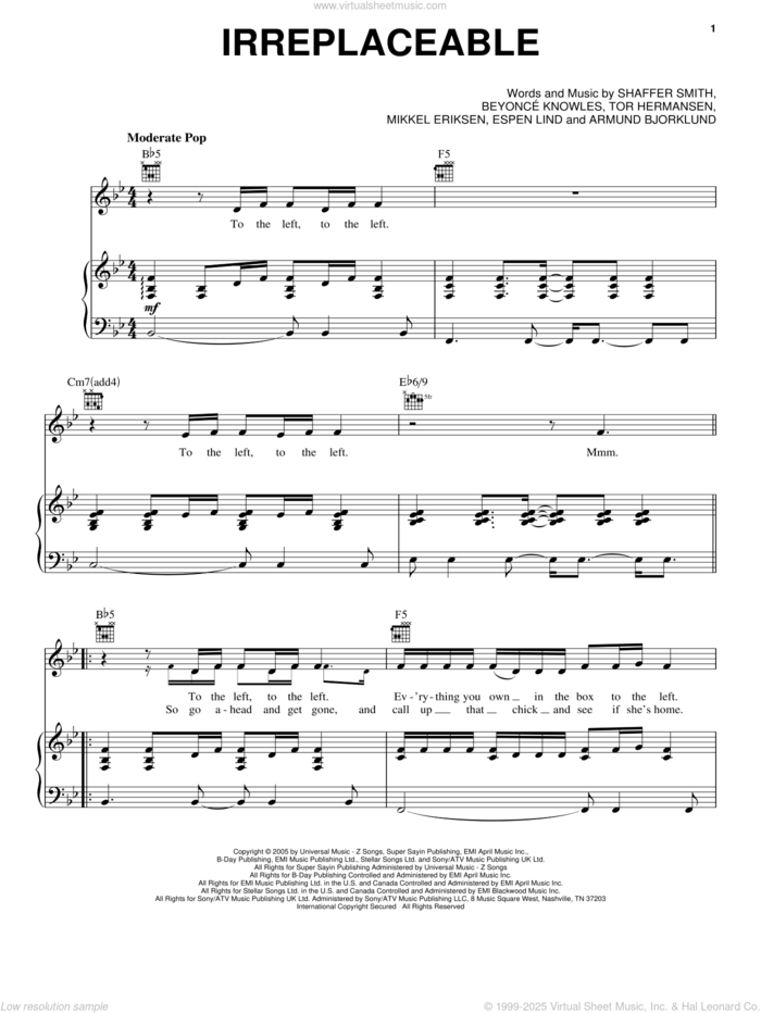 Irreplaceable sheet music for voice, piano or guitar by Beyonce, Amund Bjorklund, Espen Lind, Mikkel Eriksen, Shaffer Smith and Tor Erik Hermansen, intermediate skill level