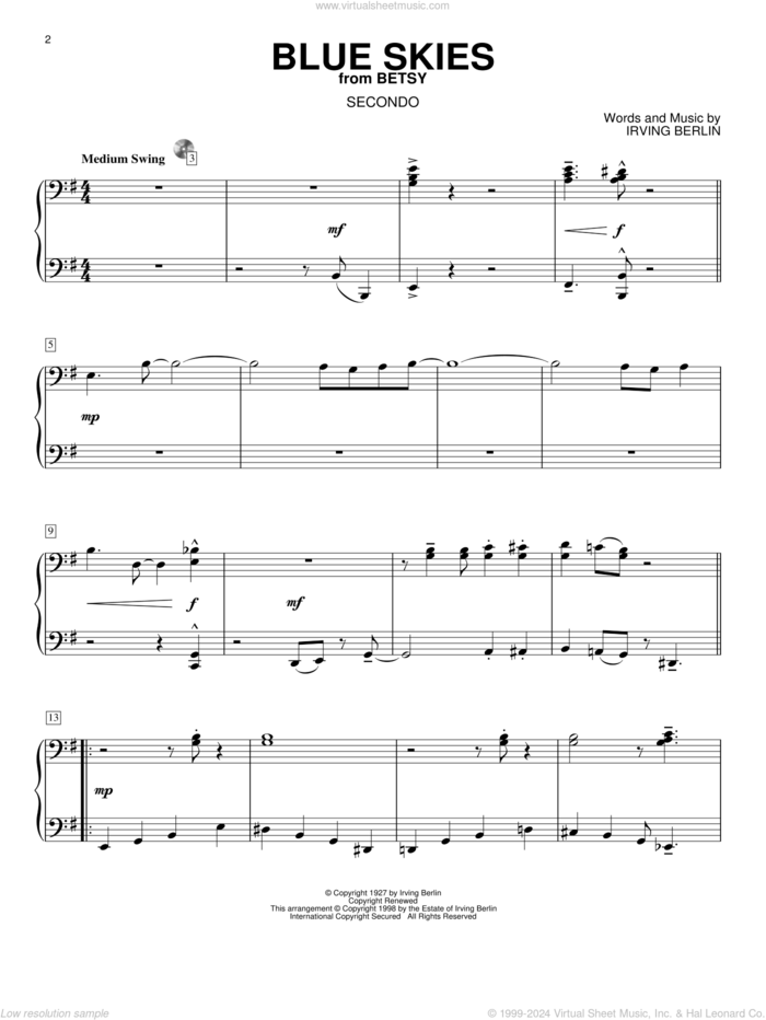Blue Skies sheet music for piano four hands by Irving Berlin, intermediate skill level