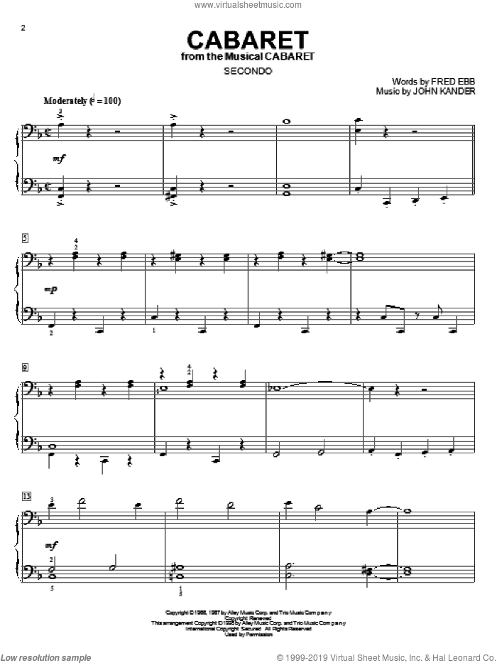 Cabaret sheet music for piano four hands by Kander & Ebb, Cabaret (Musical), Fred Ebb and John Kander, intermediate skill level
