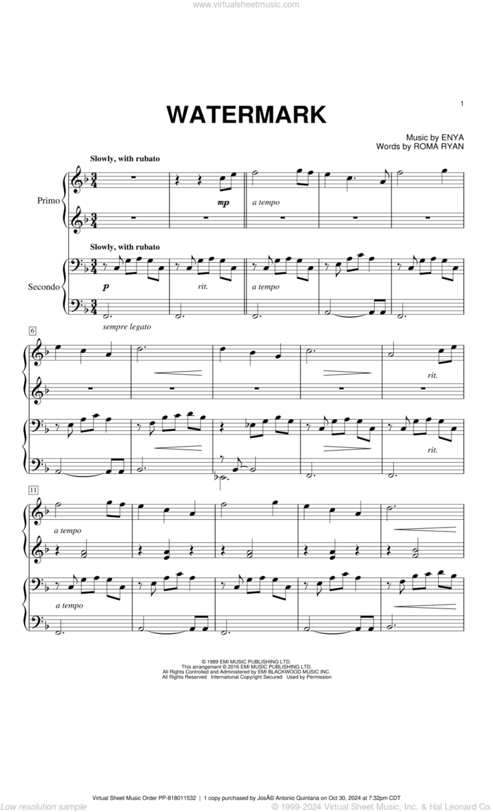 Watermark sheet music for piano four hands by Enya and Roma Ryan, intermediate skill level