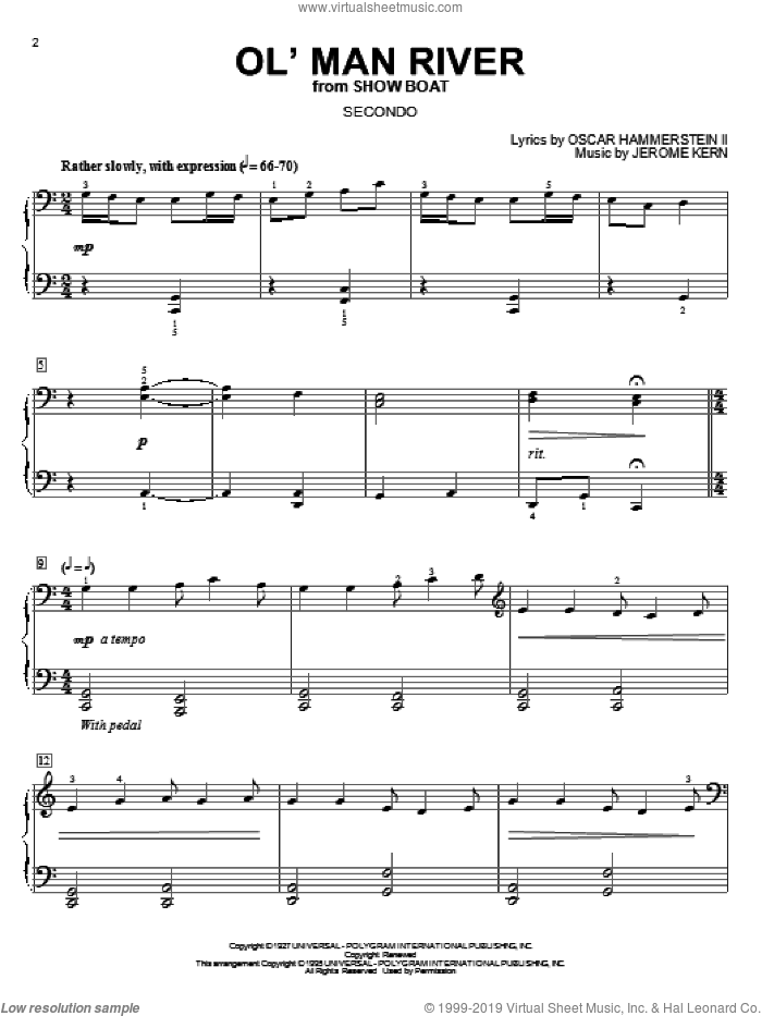 Ol' Man River sheet music for piano four hands by Jerome Kern, Show Boat (Musical) and Oscar II Hammerstein, intermediate skill level