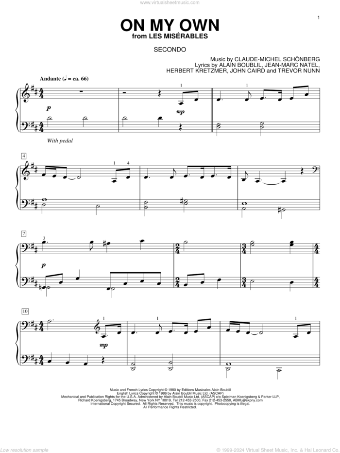 On My Own sheet music for piano four hands by Alain Boublil, Les Miserables (Musical), Claude-Michel Schonberg, Herbert Kretzmer, Jean-Marc Natel, John Caird and Trevor Nunn, intermediate skill level