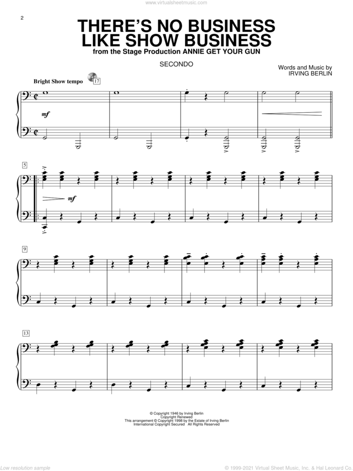 There's No Business Like Show Business sheet music for piano four hands by Irving Berlin and Annie Get Your Gun (Musical), intermediate skill level