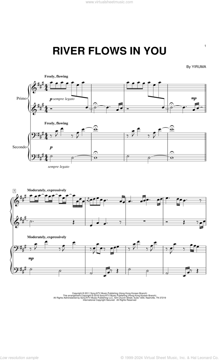 River Flows In You sheet music for piano four hands by Yiruma, intermediate skill level