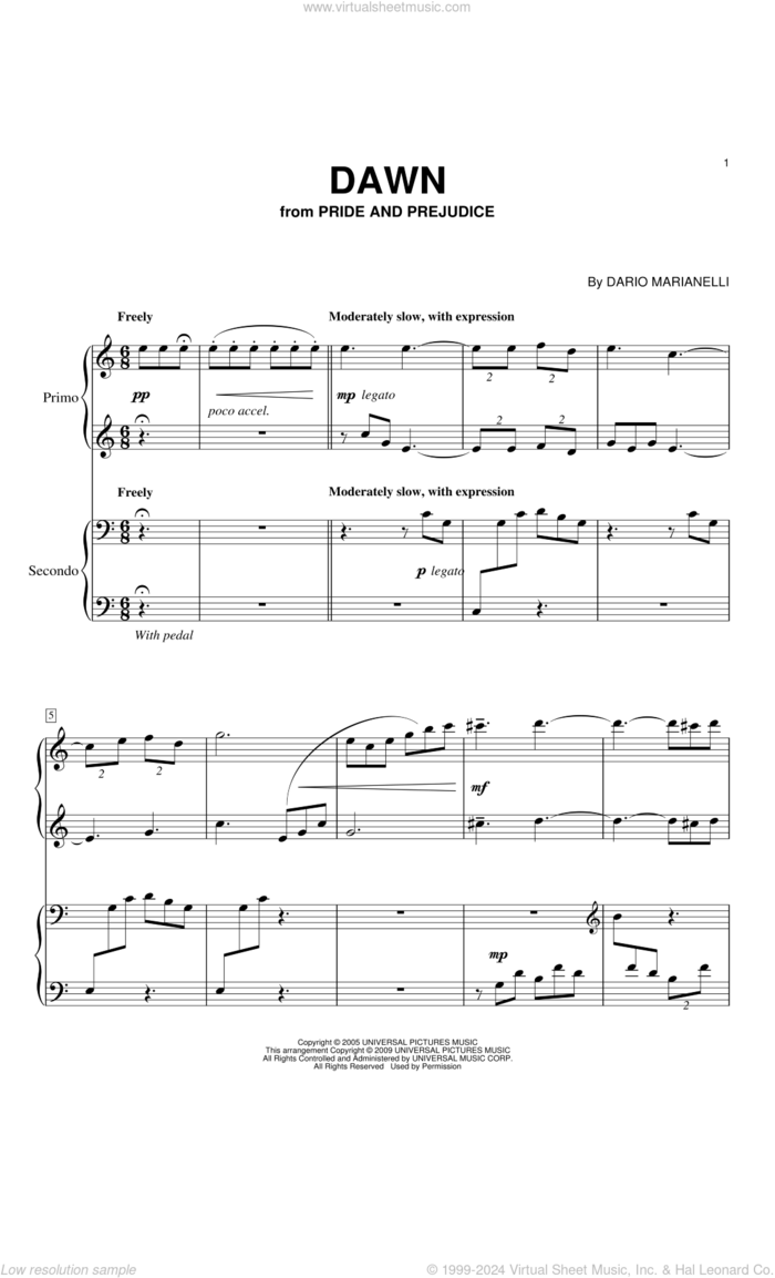 Dawn (from Pride And Prejudice) sheet music for piano four hands by Dario Marianelli, intermediate skill level