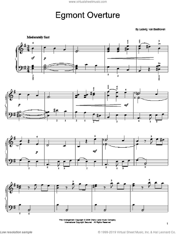 Overture To Egmont, (easy) sheet music for piano solo by Ludwig van Beethoven, classical score, easy skill level
