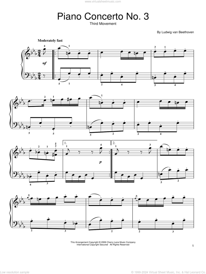 Piano Concerto No. 3, 3rd Movement, (easy) sheet music for piano solo by Ludwig van Beethoven, classical score, easy skill level