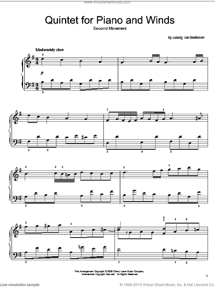 Quintet For Piano And Winds: Andante sheet music for piano solo by Ludwig van Beethoven, classical score, easy skill level