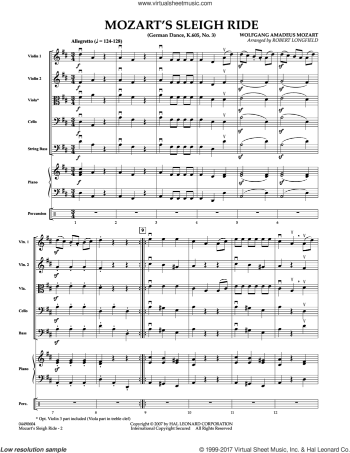 Mozart's Sleigh Ride (German Dance, K.605, No.3) (COMPLETE) sheet music for orchestra by Wolfgang Amadeus Mozart and Robert Longfield, classical score, intermediate skill level