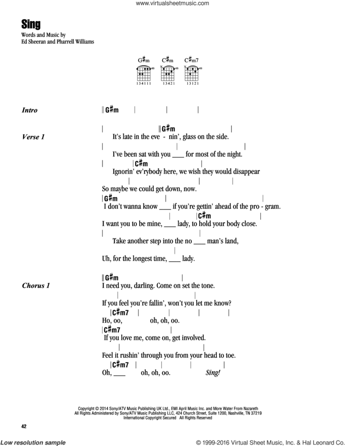 Sing sheet music for guitar (chords) by Ed Sheeran and Pharrell Williams, intermediate skill level
