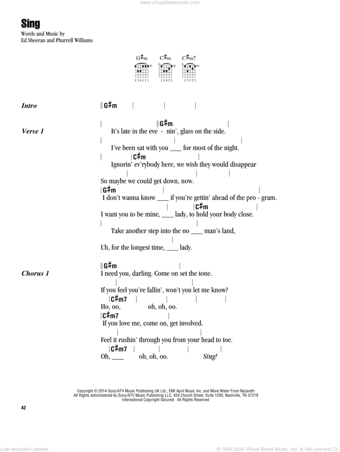 Sing sheet music for guitar (chords) by Ed Sheeran and Pharrell Williams, intermediate skill level