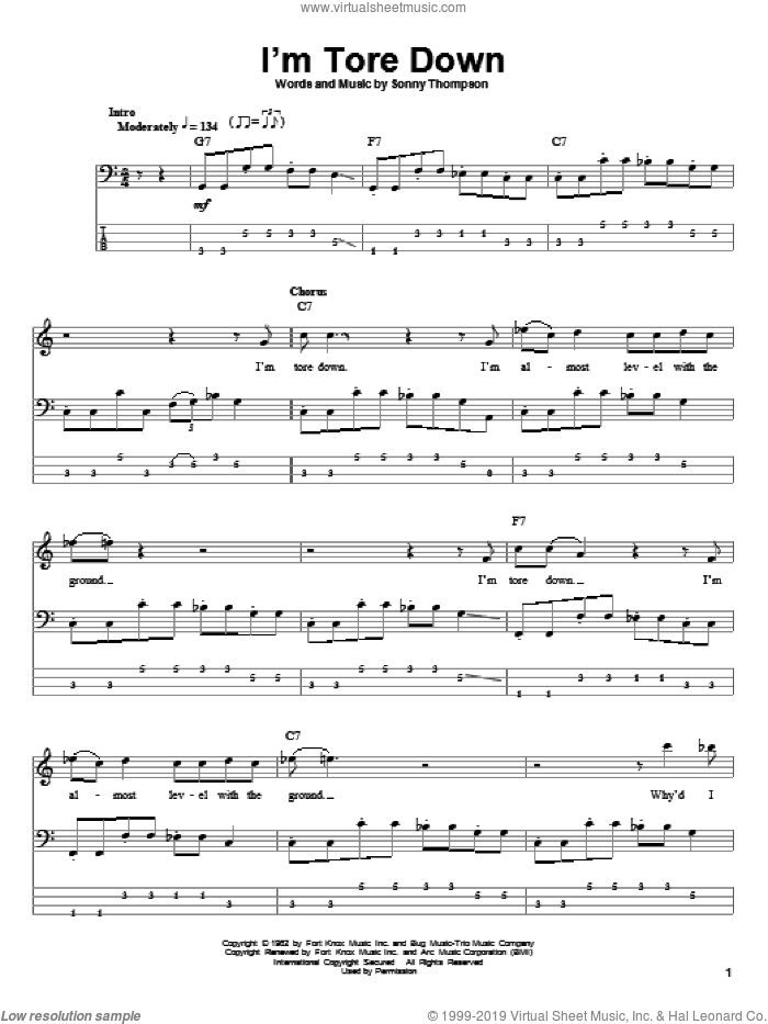 I'm Tore Down sheet music for bass (tablature) (bass guitar) by Eric Clapton, Freddie King and Sonny Thompson, intermediate skill level