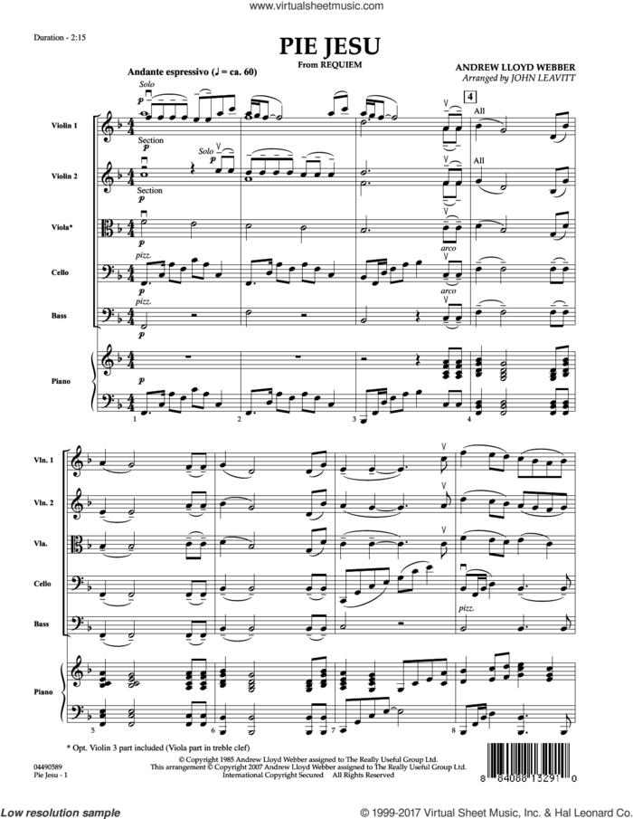 Pie Jesu (from Requiem) (COMPLETE) sheet music for orchestra by Andrew Lloyd Webber, John Leavitt and Sarah Brightman, intermediate skill level