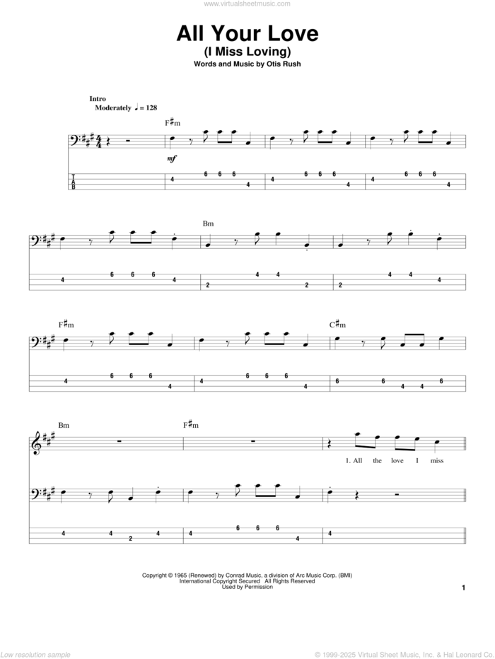 All Your Love (I Miss Loving) sheet music for bass (tablature) (bass guitar) by Otis Rush and Eric Clapton, intermediate skill level