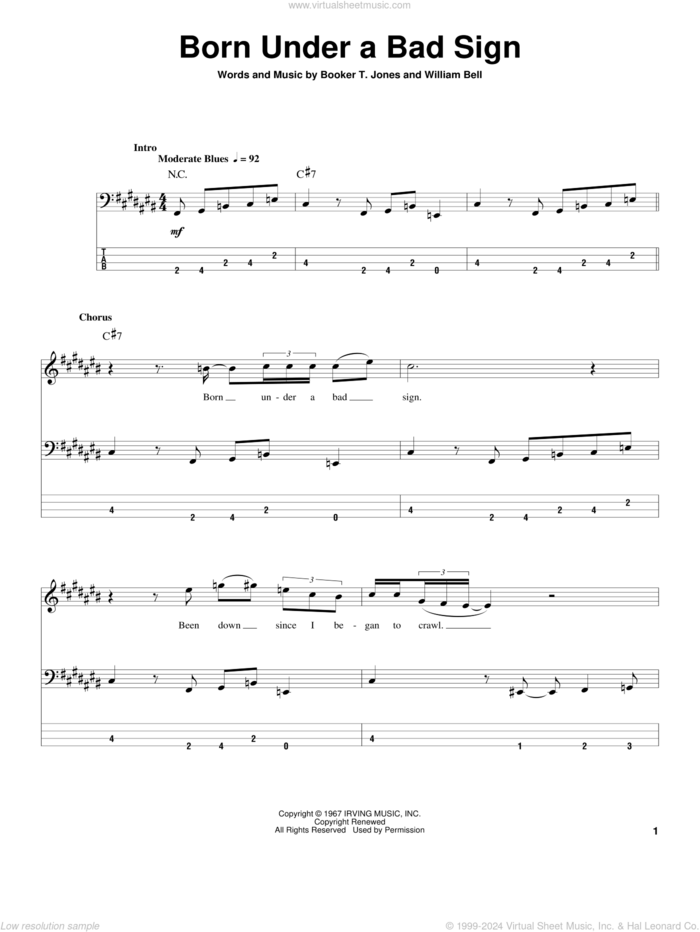 Born Under A Bad Sign sheet music for bass (tablature) (bass guitar) by Albert King, Cream, Booker T. Jones and William Bell, intermediate skill level