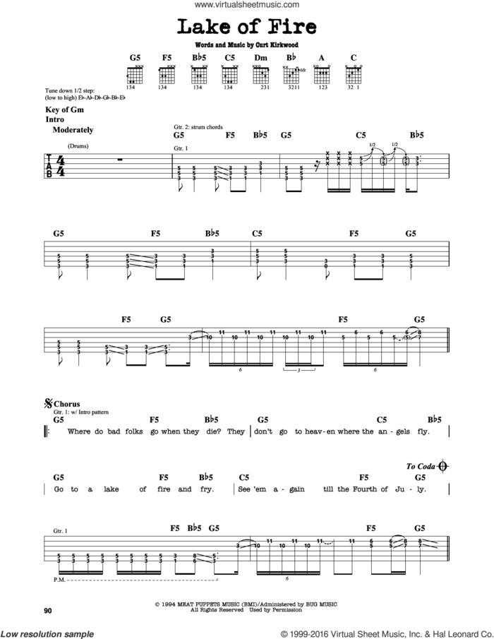 Lake Of Fire sheet music for guitar solo (lead sheet) by Nirvana and Curt Kirkwood, intermediate guitar (lead sheet)