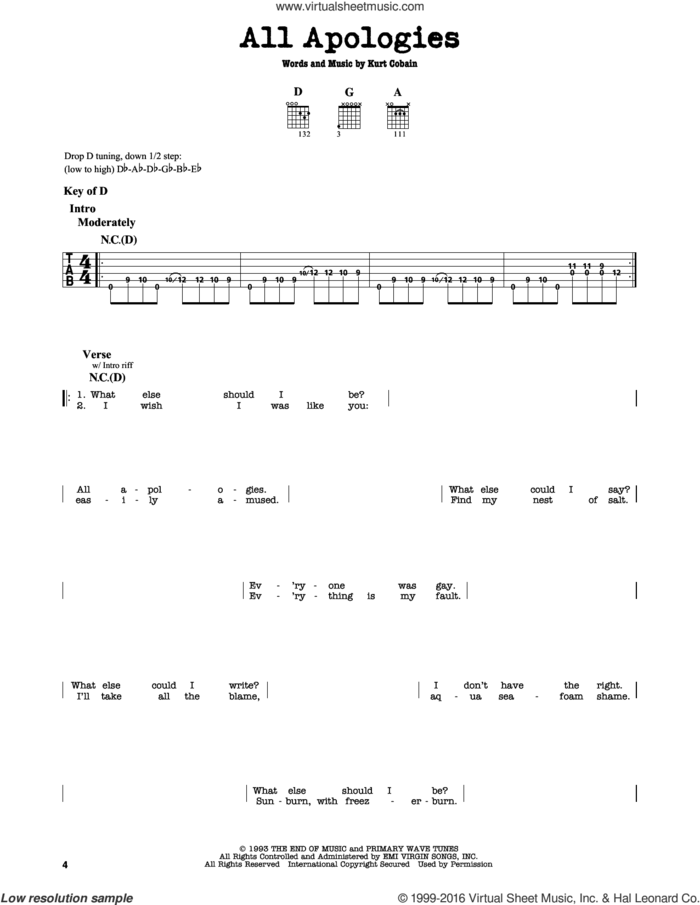 All Apologies sheet music for guitar solo (lead sheet) by Nirvana and Kurt Cobain, intermediate guitar (lead sheet)