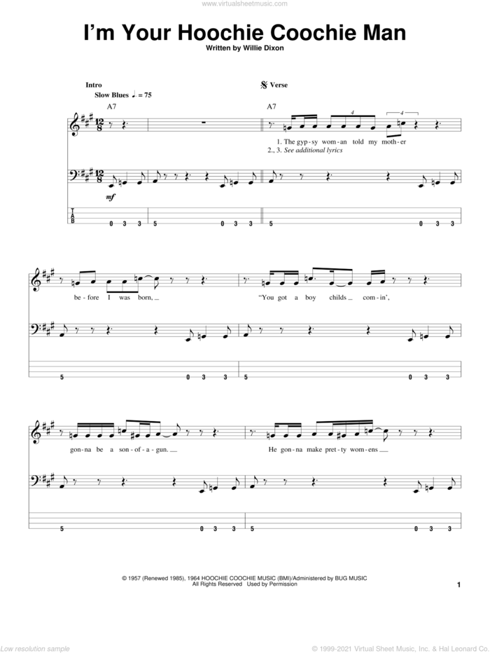 I'm Your Hoochie Coochie Man sheet music for bass (tablature) (bass guitar) by Muddy Waters, Jimi Hendrix and Willie Dixon, intermediate skill level