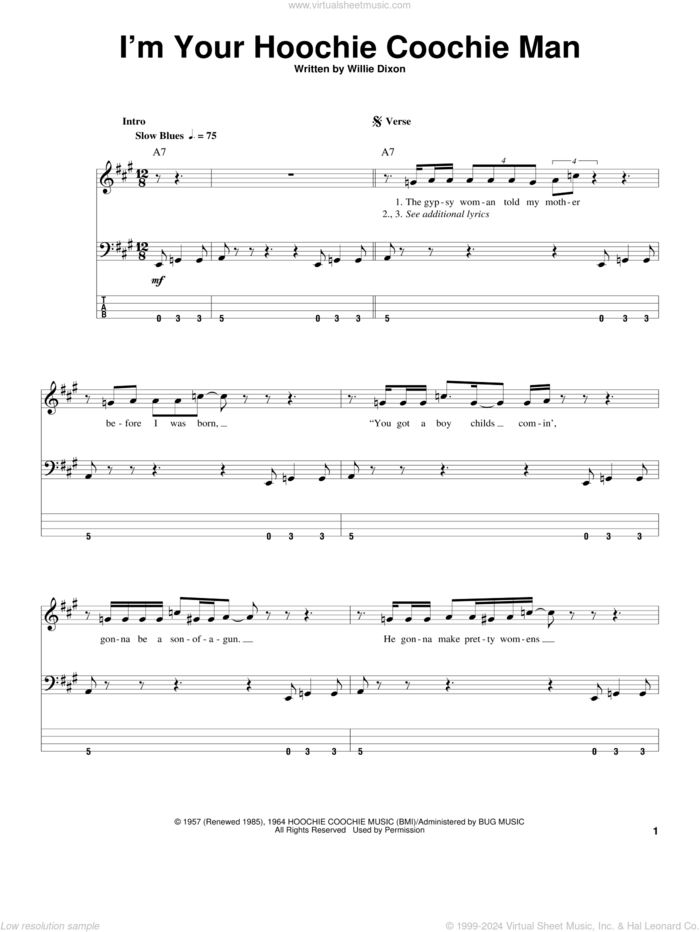 I'm Your Hoochie Coochie Man sheet music for bass (tablature) (bass guitar) by Muddy Waters, Jimi Hendrix and Willie Dixon, intermediate skill level