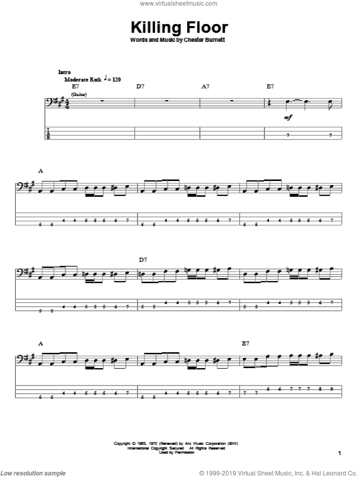 Killing Floor sheet music for bass (tablature) (bass guitar) by Howlin' Wolf, Albert King, Jimi Hendrix, Mike Bloomfield and Chester Burnett, intermediate skill level