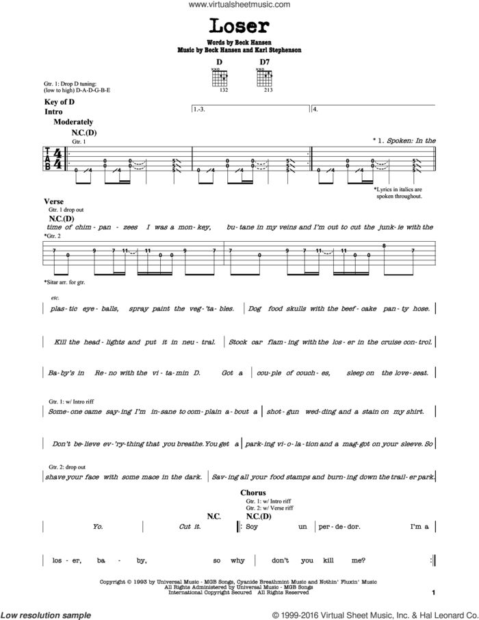 Loser sheet music for guitar solo (lead sheet) by Beck Hansen and Karl Stephenson, intermediate guitar (lead sheet)