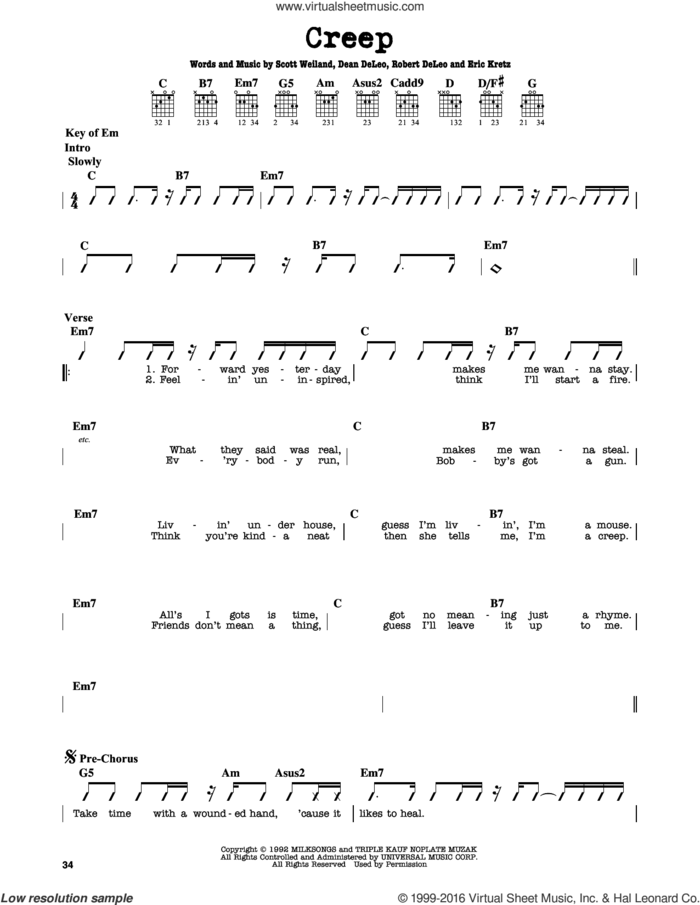Creep sheet music for guitar solo (lead sheet) by Stone Temple Pilots, Dean DeLeo, Eric Kretz, Robert DeLeo and Scott Weiland, intermediate guitar (lead sheet)