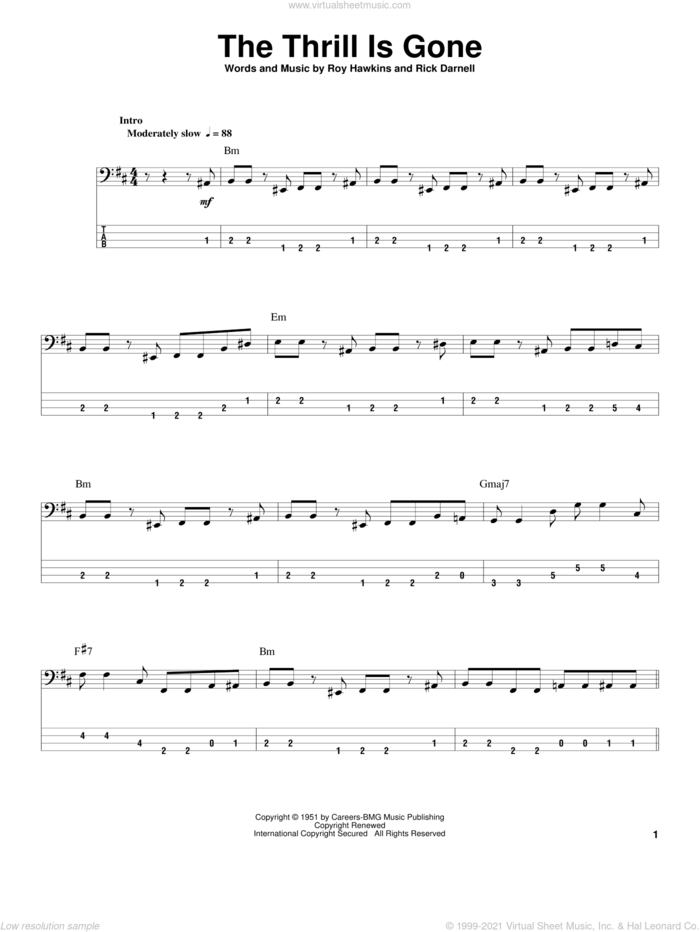 The Thrill Is Gone sheet music for bass (tablature) (bass guitar) by B.B. King, Rick Darnell and Roy Hawkins, intermediate skill level