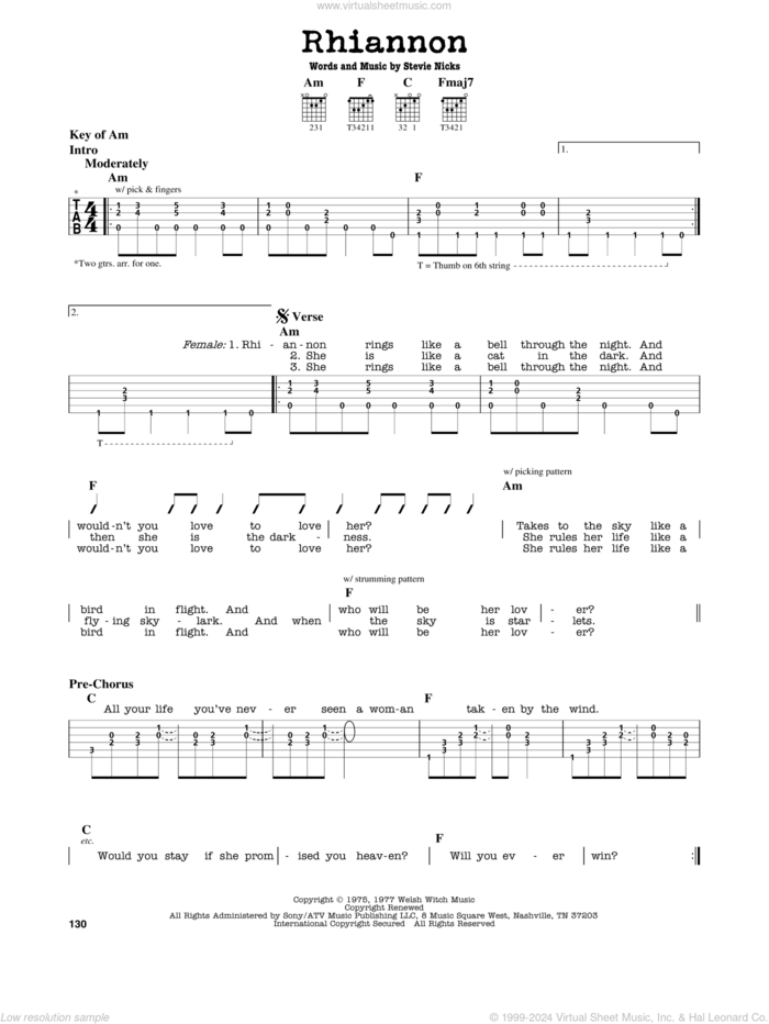 Rhiannon sheet music for guitar solo (lead sheet) by Fleetwood Mac and Stevie Nicks, intermediate guitar (lead sheet)