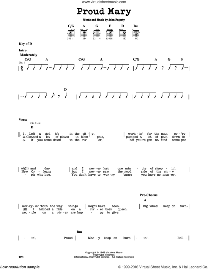 Proud Mary, (intermediate) sheet music for guitar solo (lead sheet) by Creedence Clearwater Revival, Ike & Tina Turner and John Fogerty, intermediate guitar (lead sheet)
