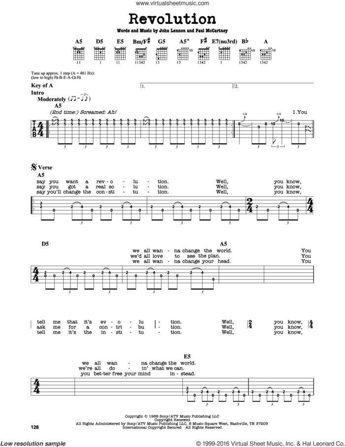 Revolution sheet music for guitar solo (lead sheet) by The Beatles, John Lennon and Paul McCartney, intermediate guitar (lead sheet)