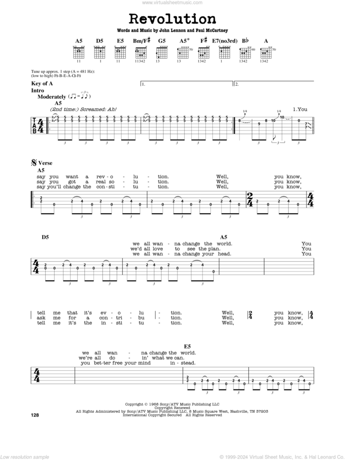 Revolution sheet music for guitar solo (lead sheet) by The Beatles, John Lennon and Paul McCartney, intermediate guitar (lead sheet)
