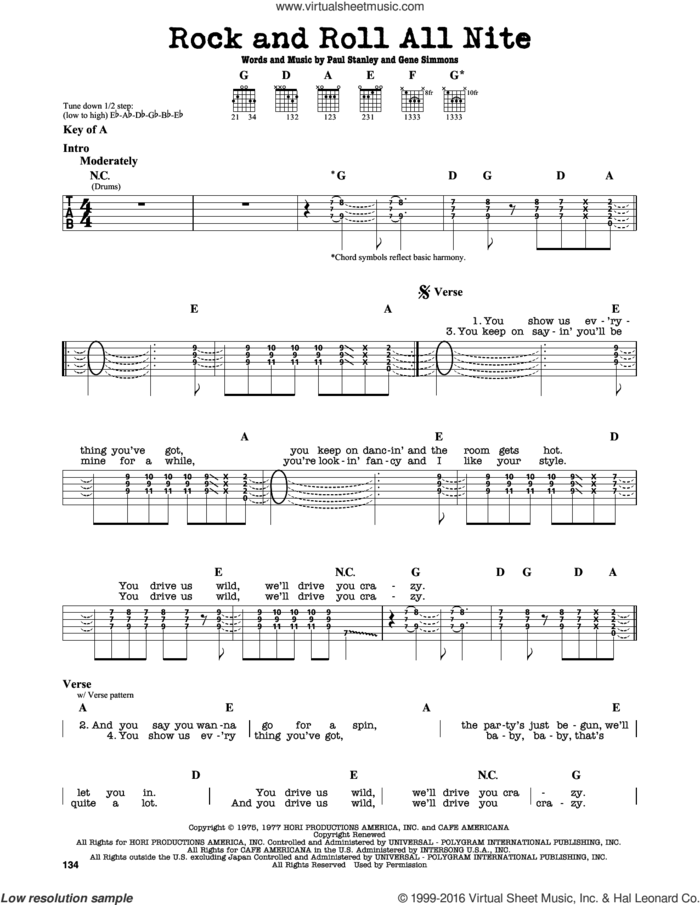 Rock And Roll All Nite sheet music for guitar solo (lead sheet) by KISS, Gene Simmons and Paul Stanley, intermediate guitar (lead sheet)