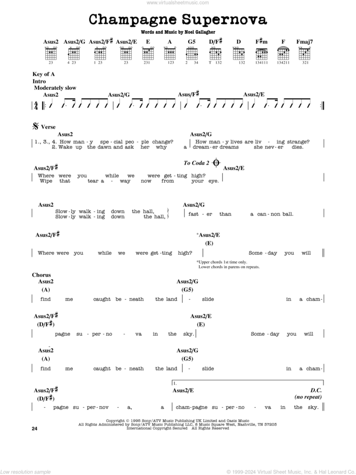 Champagne Supernova sheet music for guitar solo (lead sheet) by Oasis and Noel Gallagher, intermediate guitar (lead sheet)