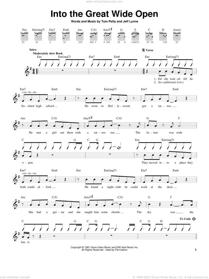 Into The Great Wide Open sheet music for guitar solo (chords) by Tom Petty And The Heartbreakers, Jeff Lynne and Tom Petty, easy guitar (chords)