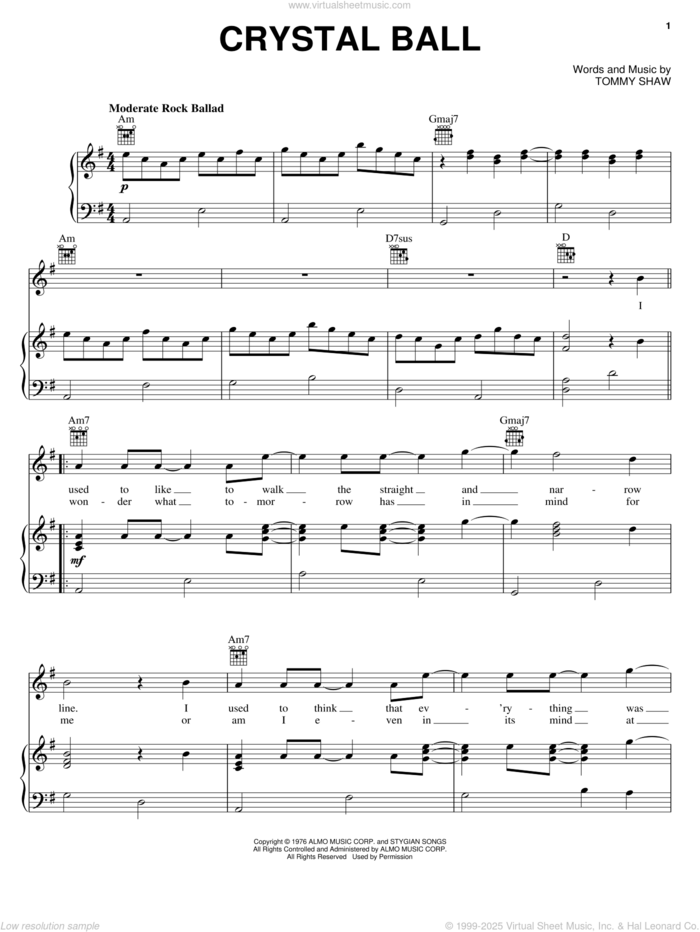 Crystal Ball sheet music for voice, piano or guitar by Styx and Tommy Shaw, intermediate skill level