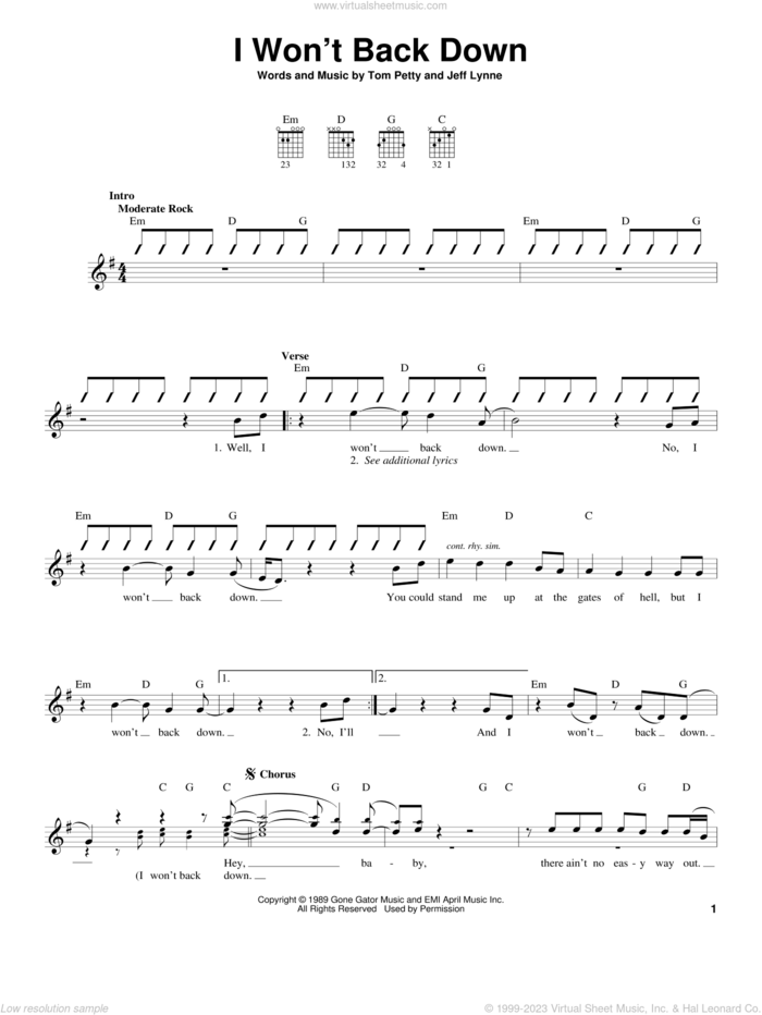 I Won't Back Down sheet music for guitar solo (chords) by Tom Petty and Jeff Lynne, easy guitar (chords)
