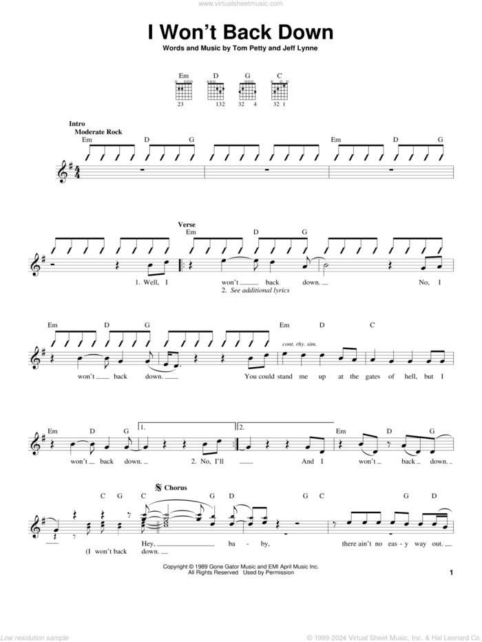 I Won't Back Down sheet music for guitar solo (chords) by Tom Petty and Jeff Lynne, easy guitar (chords)