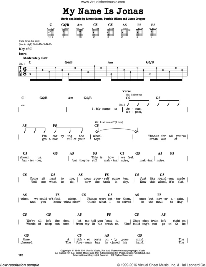 My Name Is Jonas sheet music for guitar solo (lead sheet) by Weezer, Jason Cropper, Patrick Wilson and Rivers Cuomo, intermediate guitar (lead sheet)